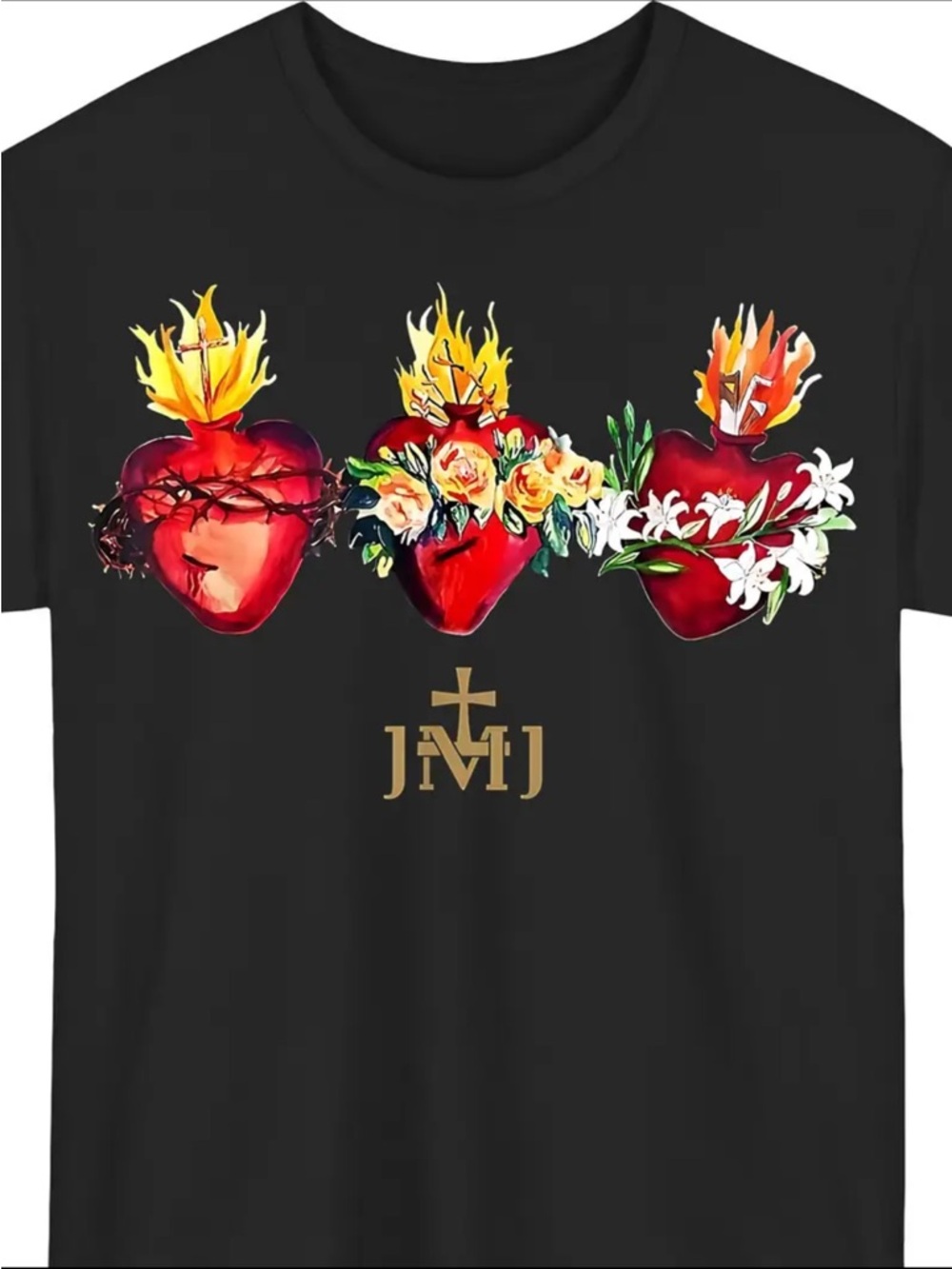 Black Sacred Heart of Jesus, Mary and Joseph Graphic SS shirt Unisex Adult XL
